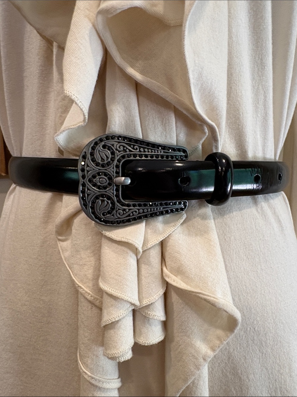 Vintage Lauren Ralph Lauren Skinny Black Leather Belt Embellished Buckle Medium